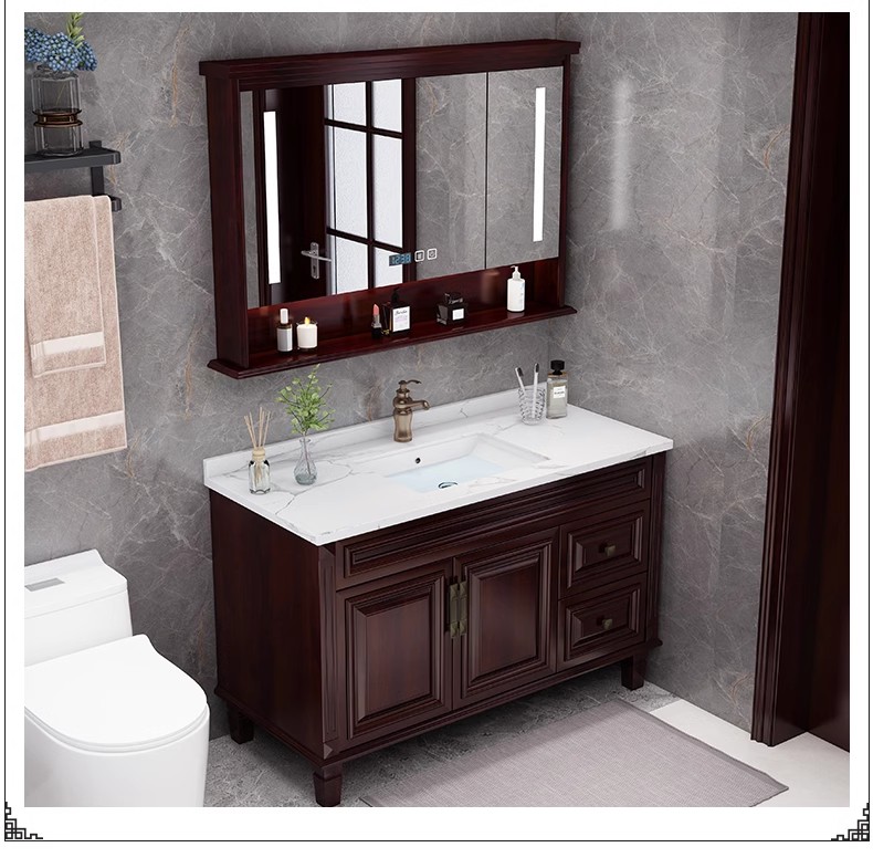 新中式浴室柜智能镜柜组合橡木岩板洗手台盆柜卫生间实木卫浴柜