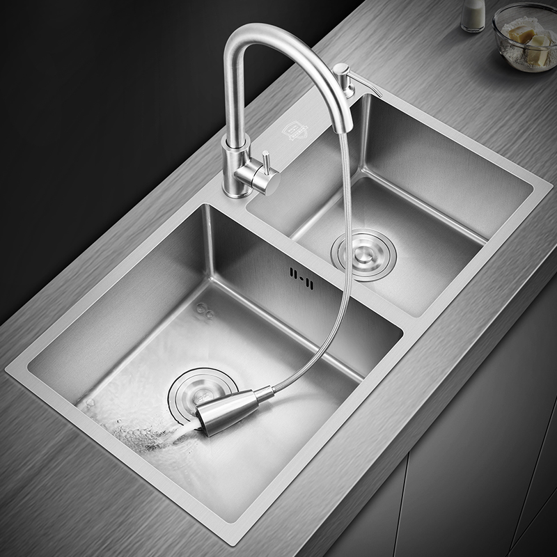 德国水槽洗菜盆双槽 厨房304不锈钢水池家用洗碗槽纳米手工水盆