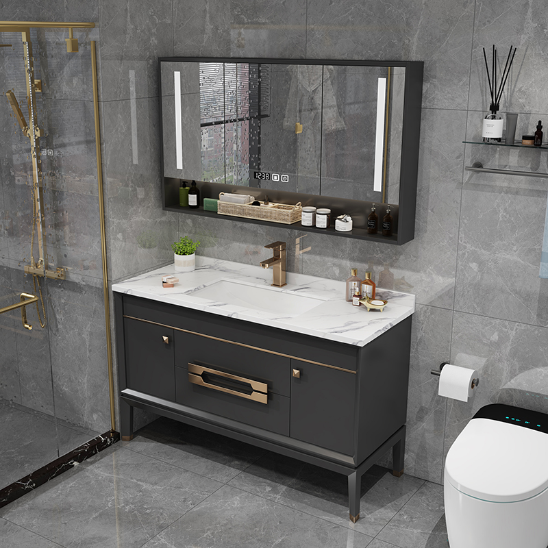 现代轻奢橡木浴室柜组合岩板一体陶瓷盆落地式卫生间洗脸台洗手池