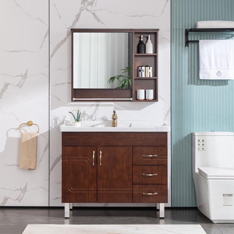 新2023橡木浴室柜组合新中式胡桃木色镜柜款落地式实木洗脸盆柜洗
