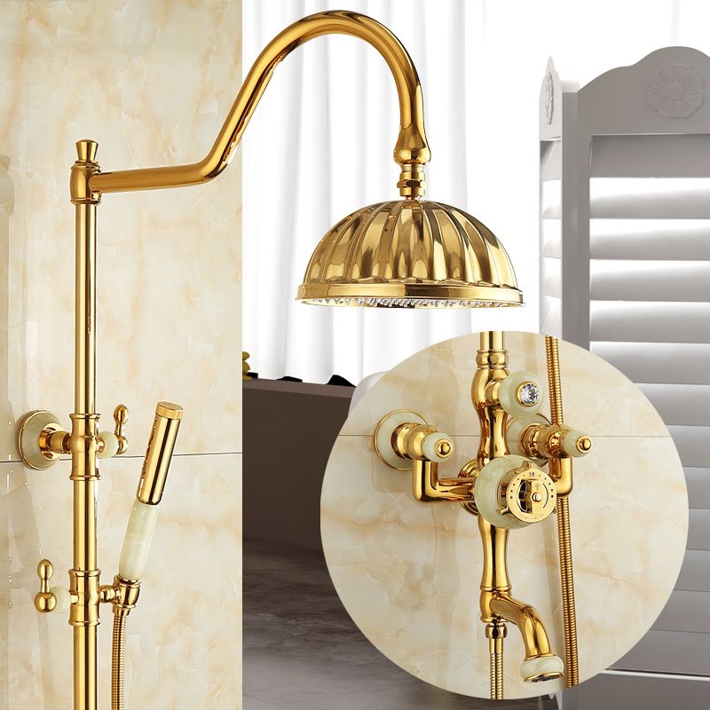 专用欧式天然玉石金色淋浴器花洒套装冷热四档全铜水