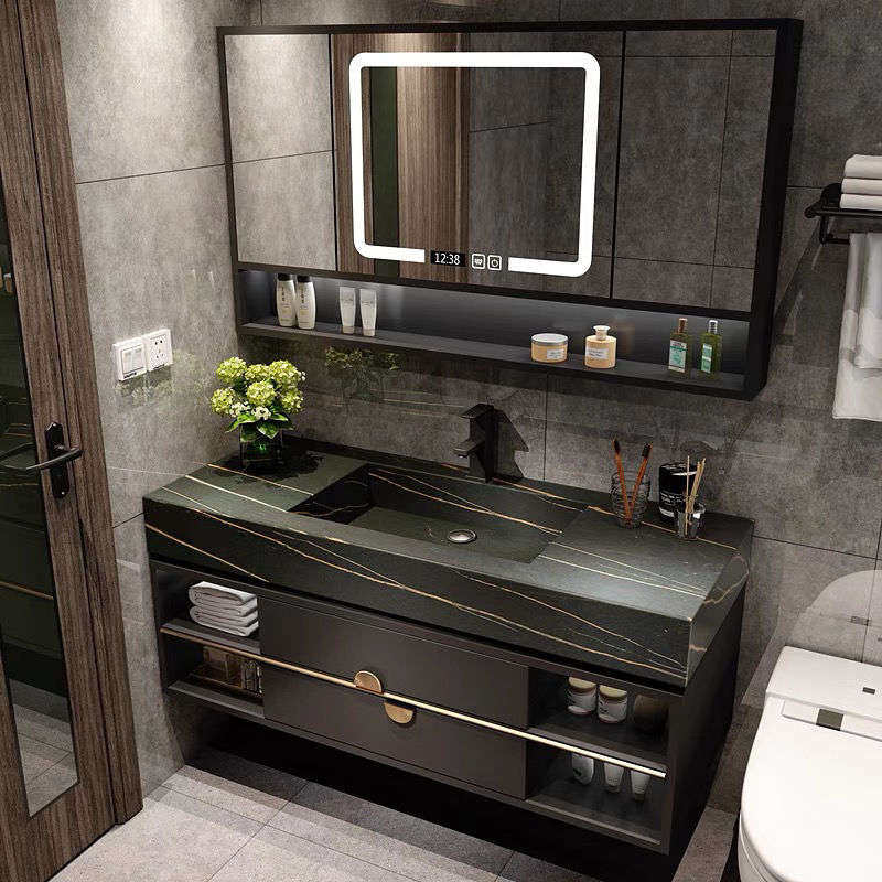 卫浴岩板一体盆浴室柜组合现代洗手盆面盆柜组合橡木卫生间洗漱台