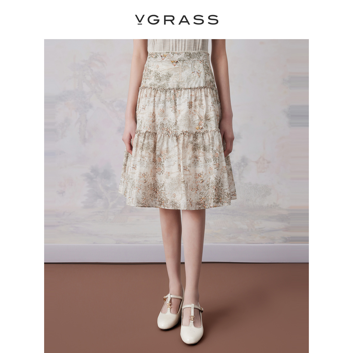 VGRASS浪漫花型半裙夏季新款高腰显瘦真丝a字半身裙女VSB2O23810
