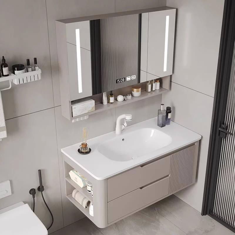 现代简约橡木浴室柜组合陶瓷一体盆岩板洗脸盆洗手池洗漱台卫生间