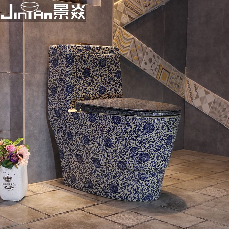 回子青花瓷中式艺术陶瓷马桶家用卫生间虹吸式抽水普通坐便器