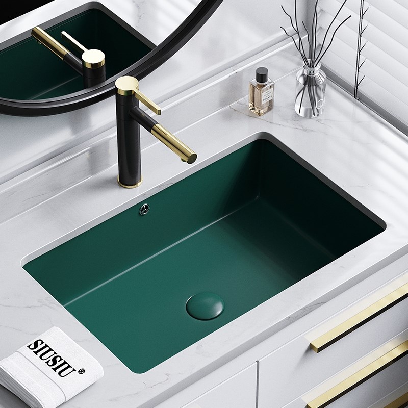 新款绿色陶瓷洗脸加深直角石下台下盆水槽长方形面盆面盆池洗手盆