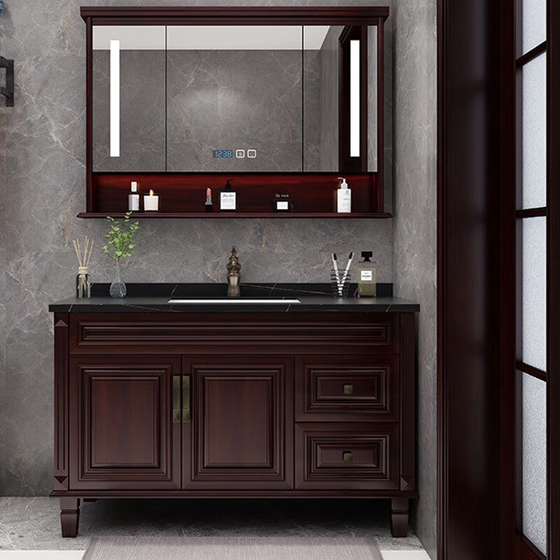 禾逸现代新中式岩板浴室柜橡木一体陶瓷盆卫生间实木落地洗手洗脸