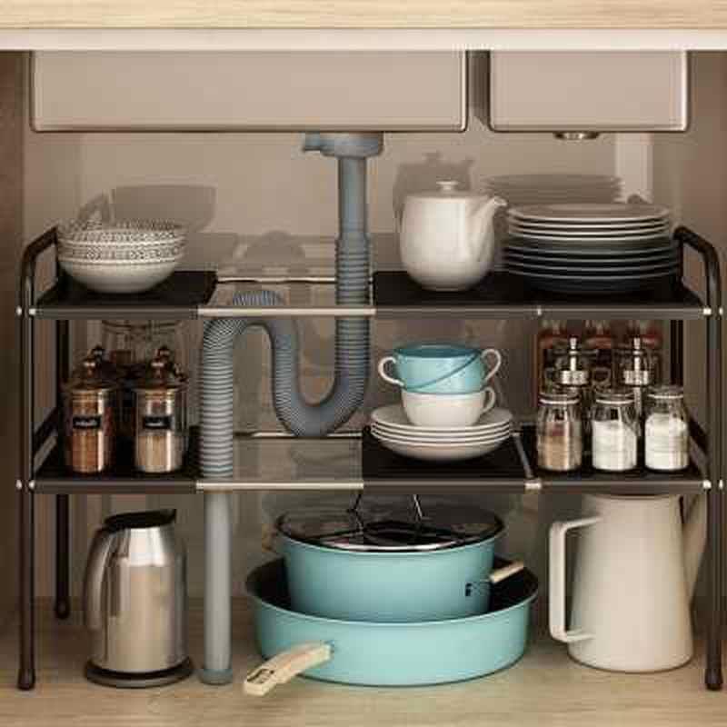 厨房下水槽置物架可伸缩橱柜分层隔板架家用台面放锅收纳储物架o