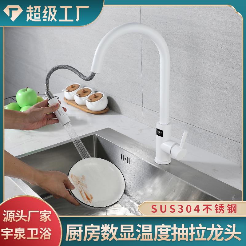 304不锈钢洗菜盆水槽可伸缩白色智能冷热抽拉式带数显厨房水龙头