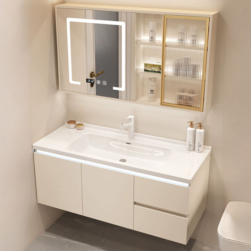 新款奶油风浴室柜陶瓷一体盆卫生间智能实木洗手洗脸池洗漱台组合