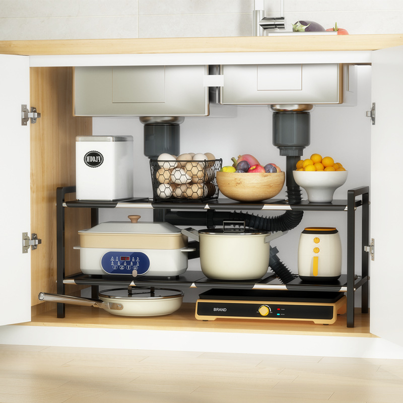 厨房下水槽可伸缩置物架橱柜内分层储物架多功能锅架调料收纳架子