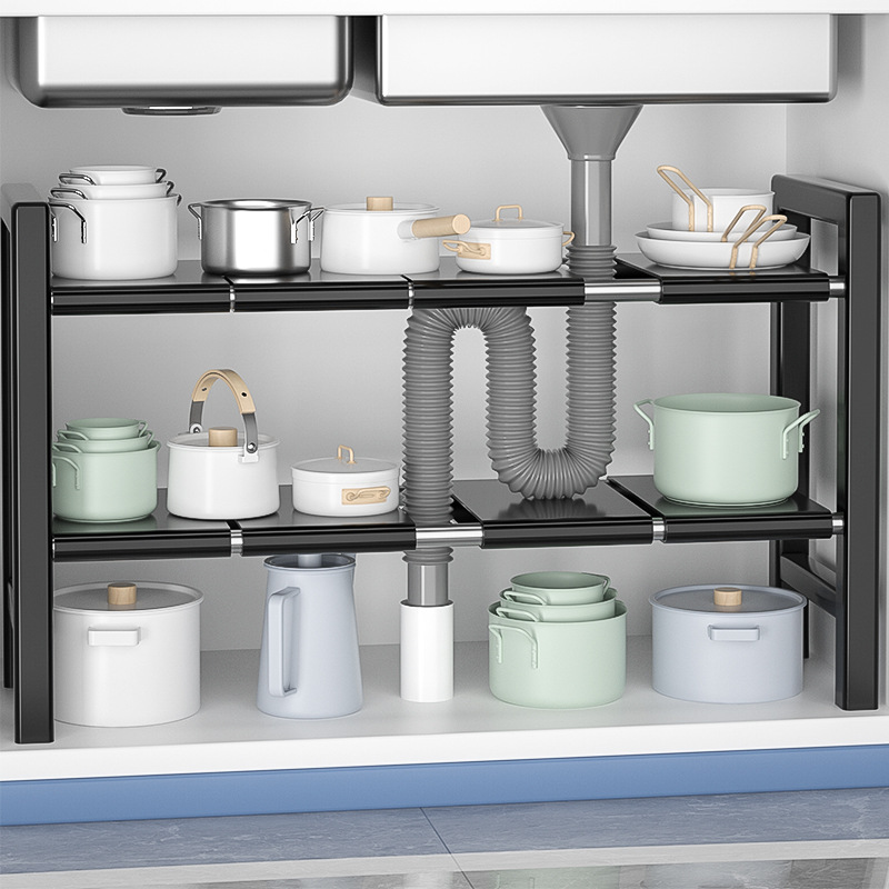 厨房可伸缩下水槽置物架橱柜分层架储物架层架多功能锅架收纳架子