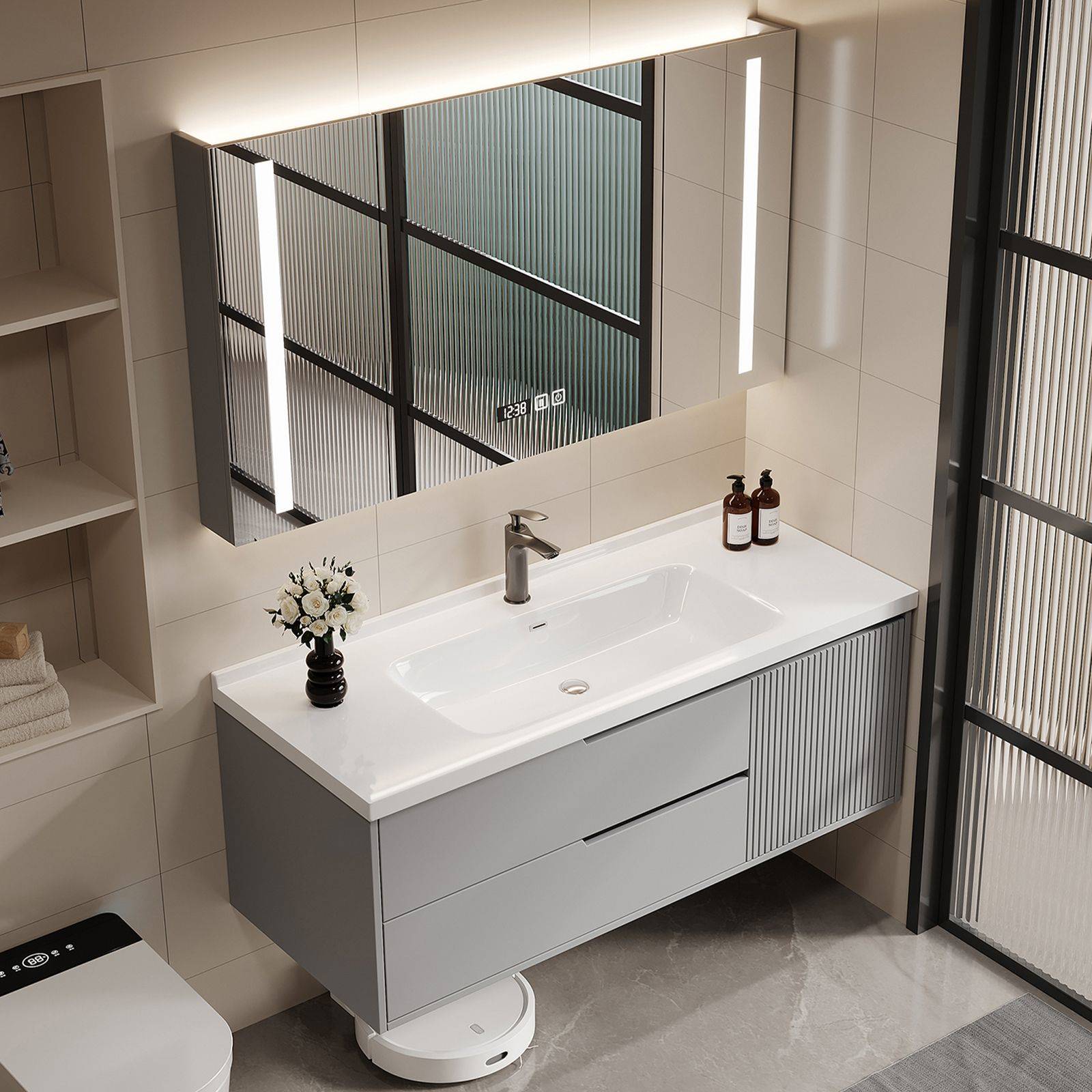 现代新款橡木烤漆浴室柜陶瓷一体盆卫生间洗手洗脸盆柜组合洗漱台