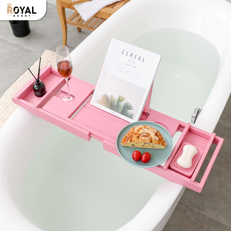 诺宝尼欧式粉色轻奢浴缸架竹泡澡桌可伸缩支架浴缸置物架免打孔