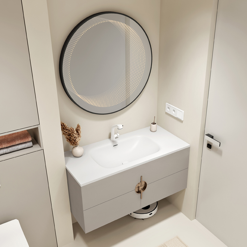 奶油风可丽耐一体盆浴室柜组合高端实木烤漆卫生间洗漱台盆柜定制