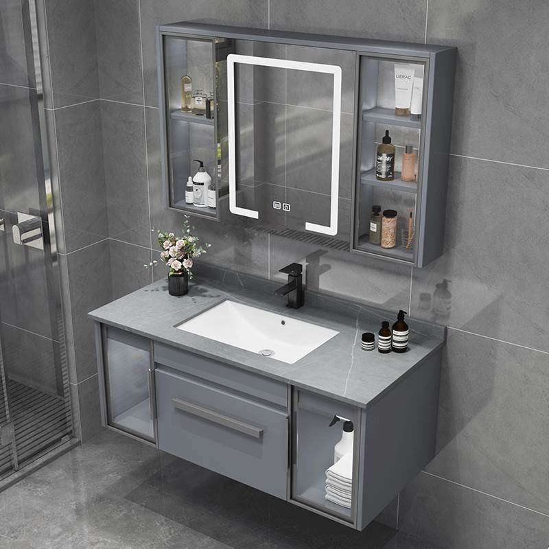 轻奢岩板智能浴室柜组合洗手洗脸陶瓷一体台盆镜卫生间实木洗漱台