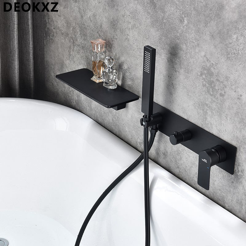DEOKXZ黑色全铜浴缸水龙头入墙式瀑布冷热墙出缸边式淋浴花洒套装