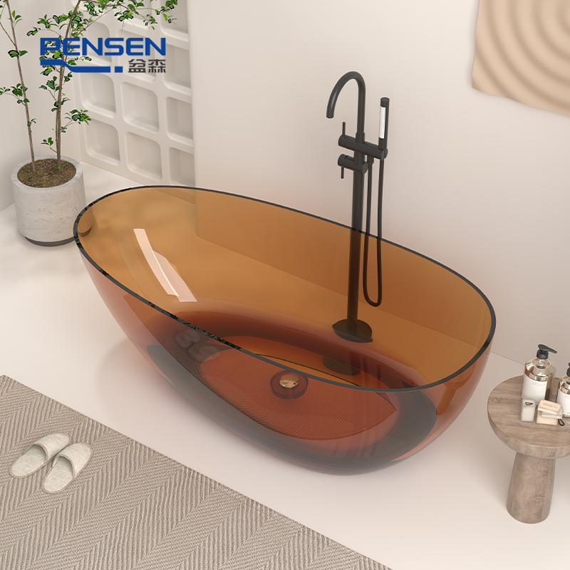 盆森水晶浴缸透明彩色树脂薄边网红款鹅蛋型一体浴缸独立式浴缸