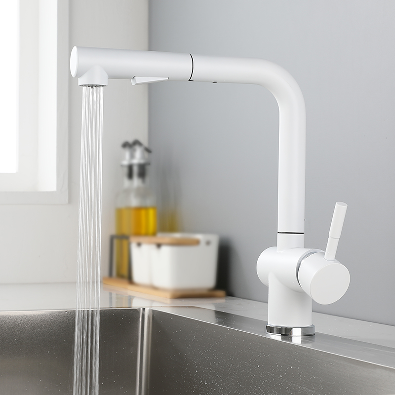 WINMV 不锈钢多功能白色抽拉厨房水槽防溅水龙头冷热双出水可旋转