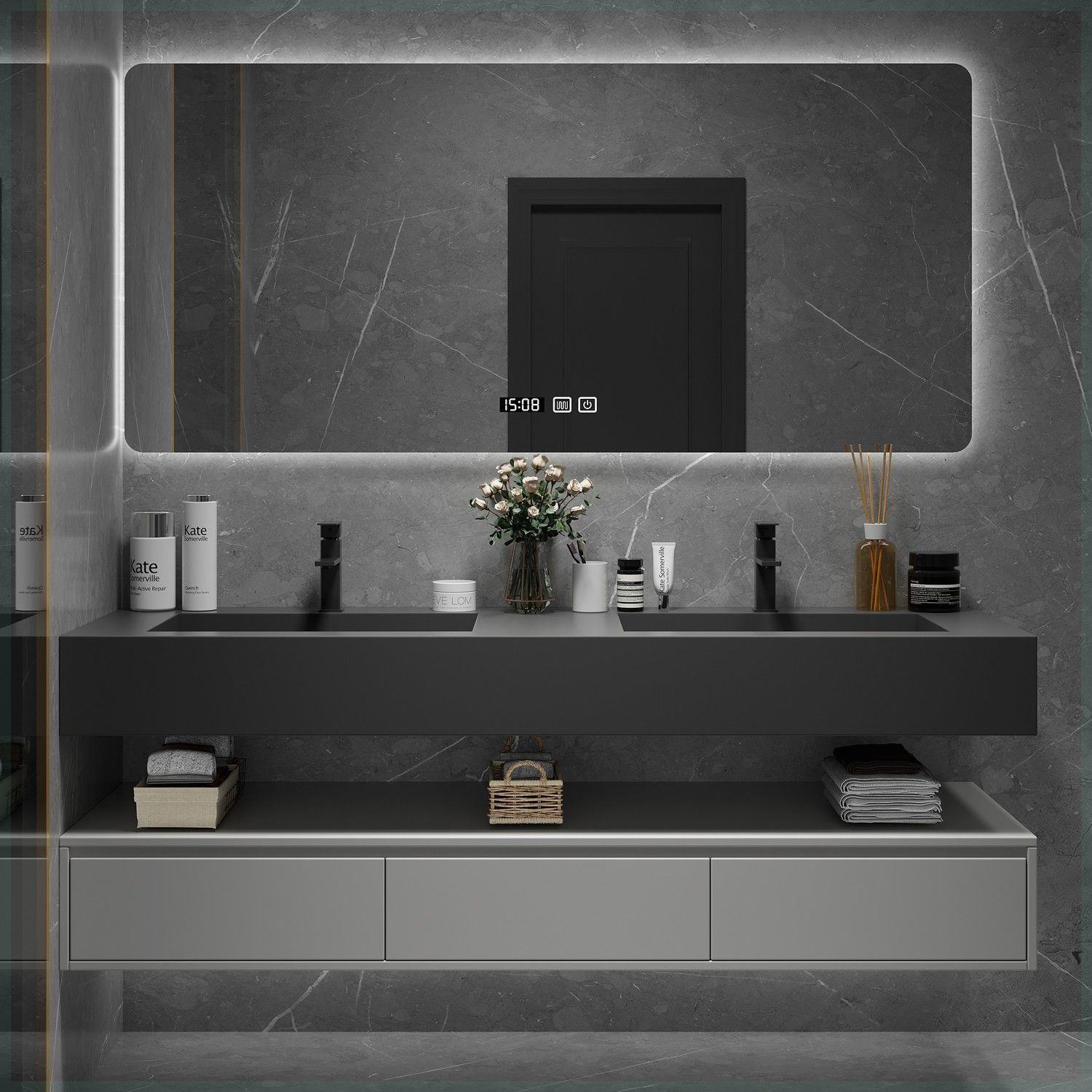 北欧岩板一体浴室柜组合智能现代收纳镜柜台面卫生间洗脸洗手面盆