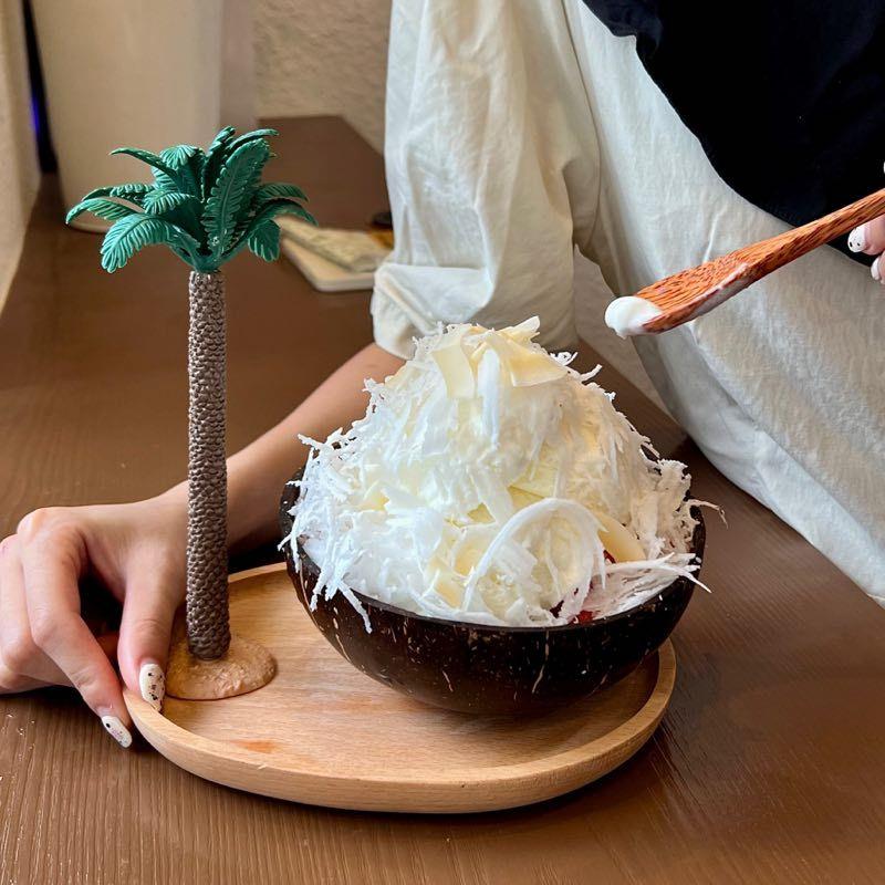 天然椰子壳碗东南亚越南椰壳碗木勺水果沙拉碗鸡翅木冰淇淋刨冰碗