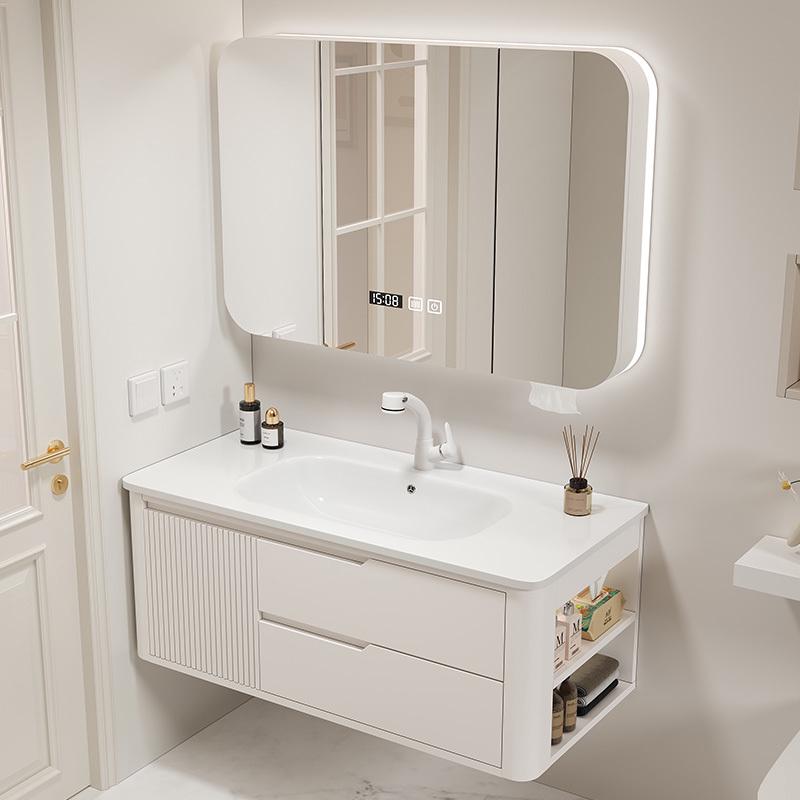 现代简约陶瓷一体盆橡木智能浴室柜组合洗脸盆卫生间洗手池洗漱台