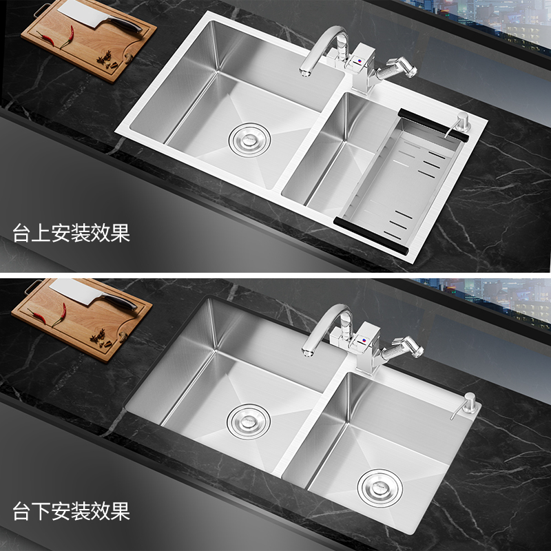 厨房水槽双槽SUS304不锈钢手工加厚洗菜盆套餐台上台下洗手洗碗池