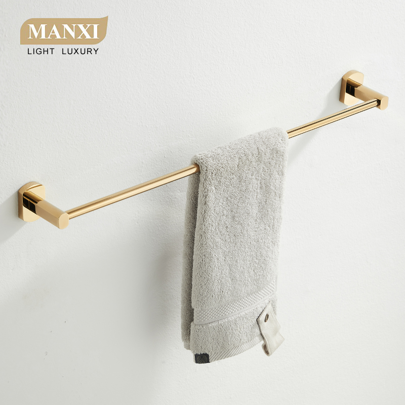 全铜卫生间毛巾杆晾毛巾架金色浴室挂杆洗手间挂件免打孔加长单杆