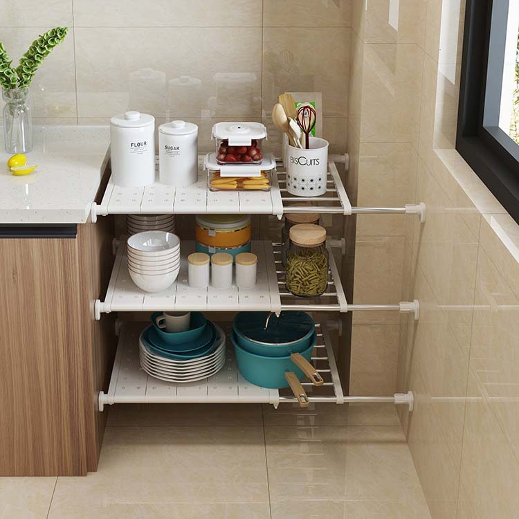 不锈钢厨房橱柜收纳分层下水槽置物架伸缩柜子隔层衣柜隔板整理架