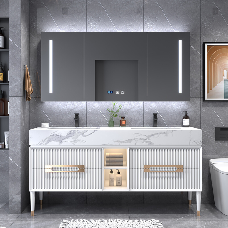 现代岩板浴室柜组合简约轻奢实木卫生间智能洗漱台洗脸池台盆卫浴