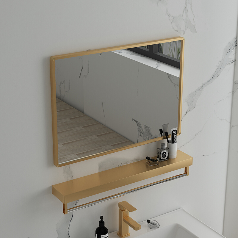 方形镜太空铝浴室镜加置物架卫生间洗手间卫浴镜子挂墙打孔壁挂