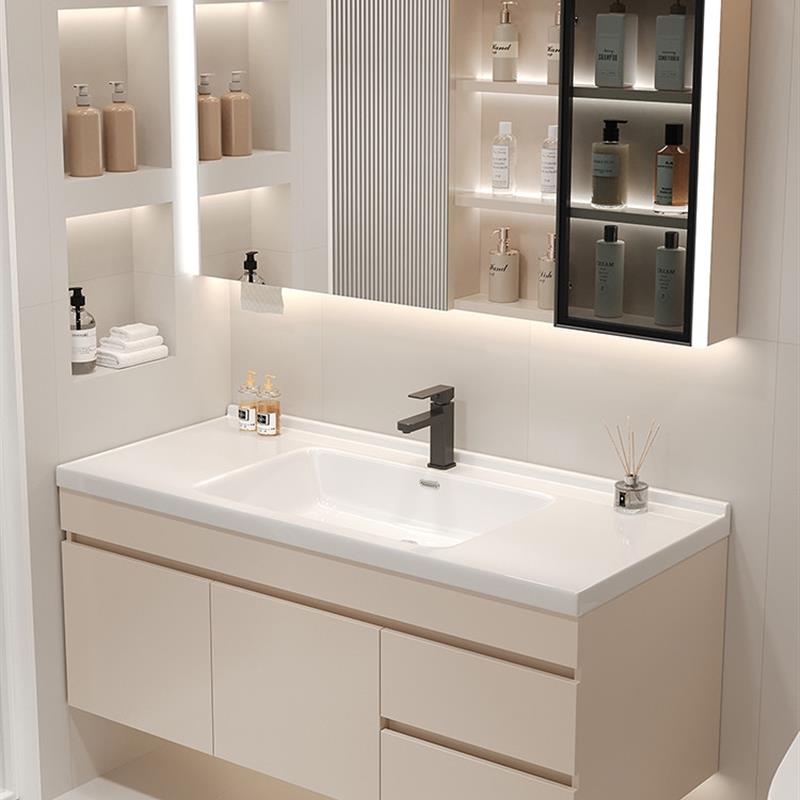 奶油风浴室柜组合一体盆轻奢智能镜洗手池洗漱台洗面盆洗脸卫生间