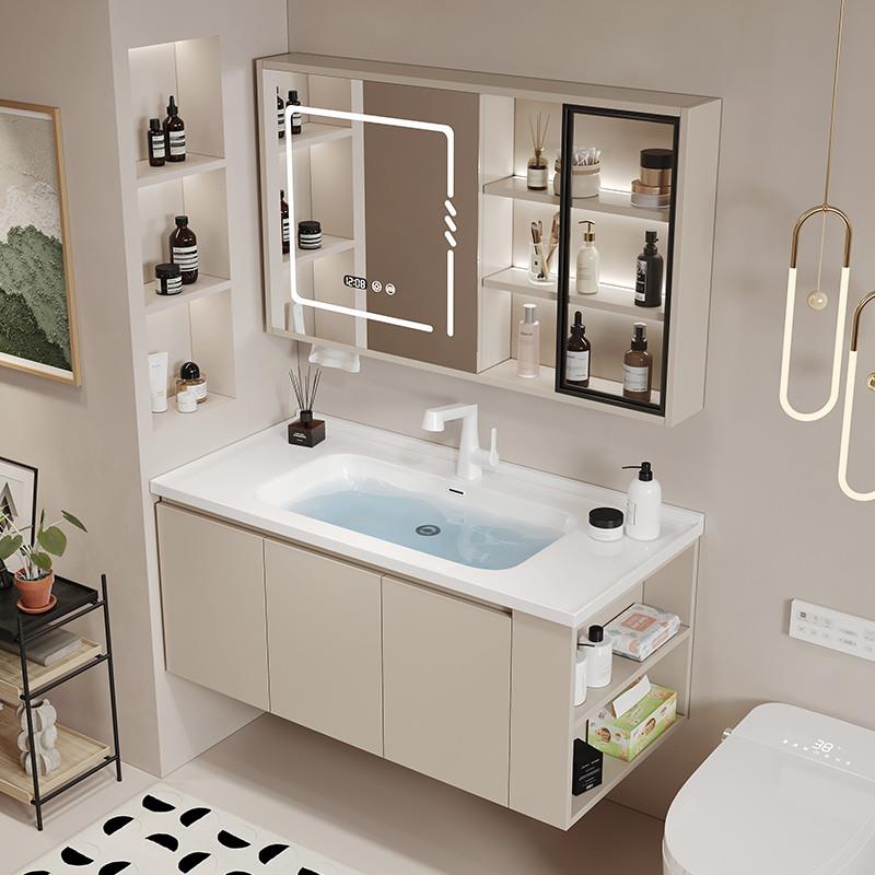 新款奶油风陶瓷一体盆浴室柜组合卫生间洗手洗脸盆洗漱台镜柜套装