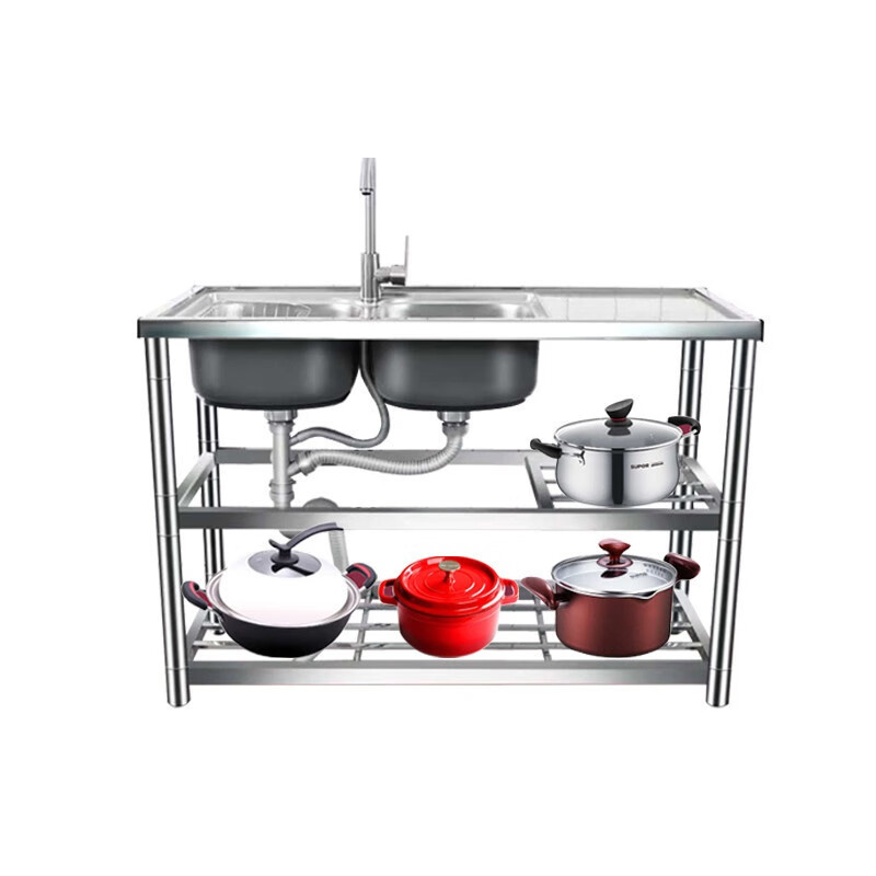 厨房不锈钢水槽带平台置物支架单双槽洗菜盆台面一体落地式架子|
