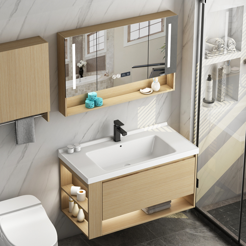 北欧现代简约浴室柜实木吊柜日式柜卫浴镜柜洗脸一体洗手盆柜组合