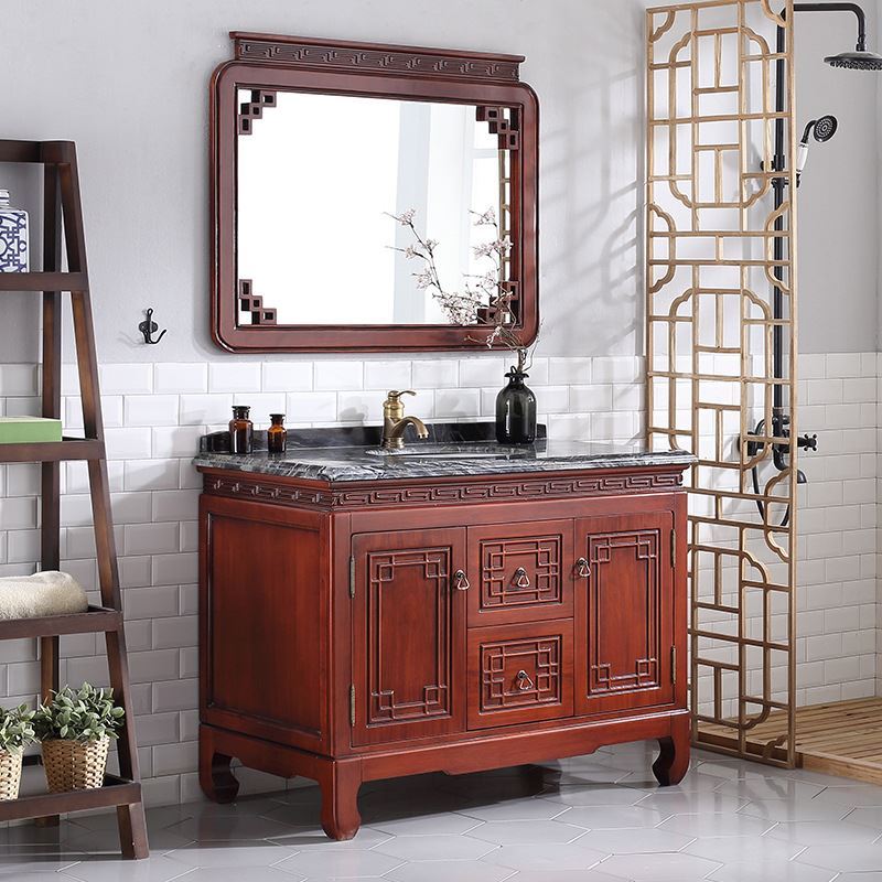 新中式浴室柜实木洗脸盆柜组合仿古橡木雕花卫浴柜落地洗手洗脸盆