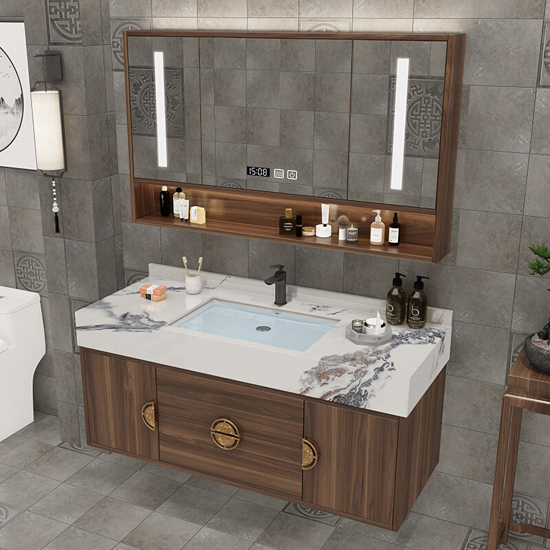 现代简约实木新中式浴室柜岩板洗手脸盆柜组合轻奢智能洗漱台卫浴
