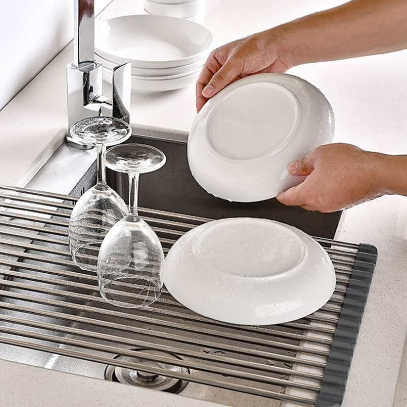 不锈钢硅胶沥水架滤水架厨房水槽置物架可折叠伸缩碗碟收纳架