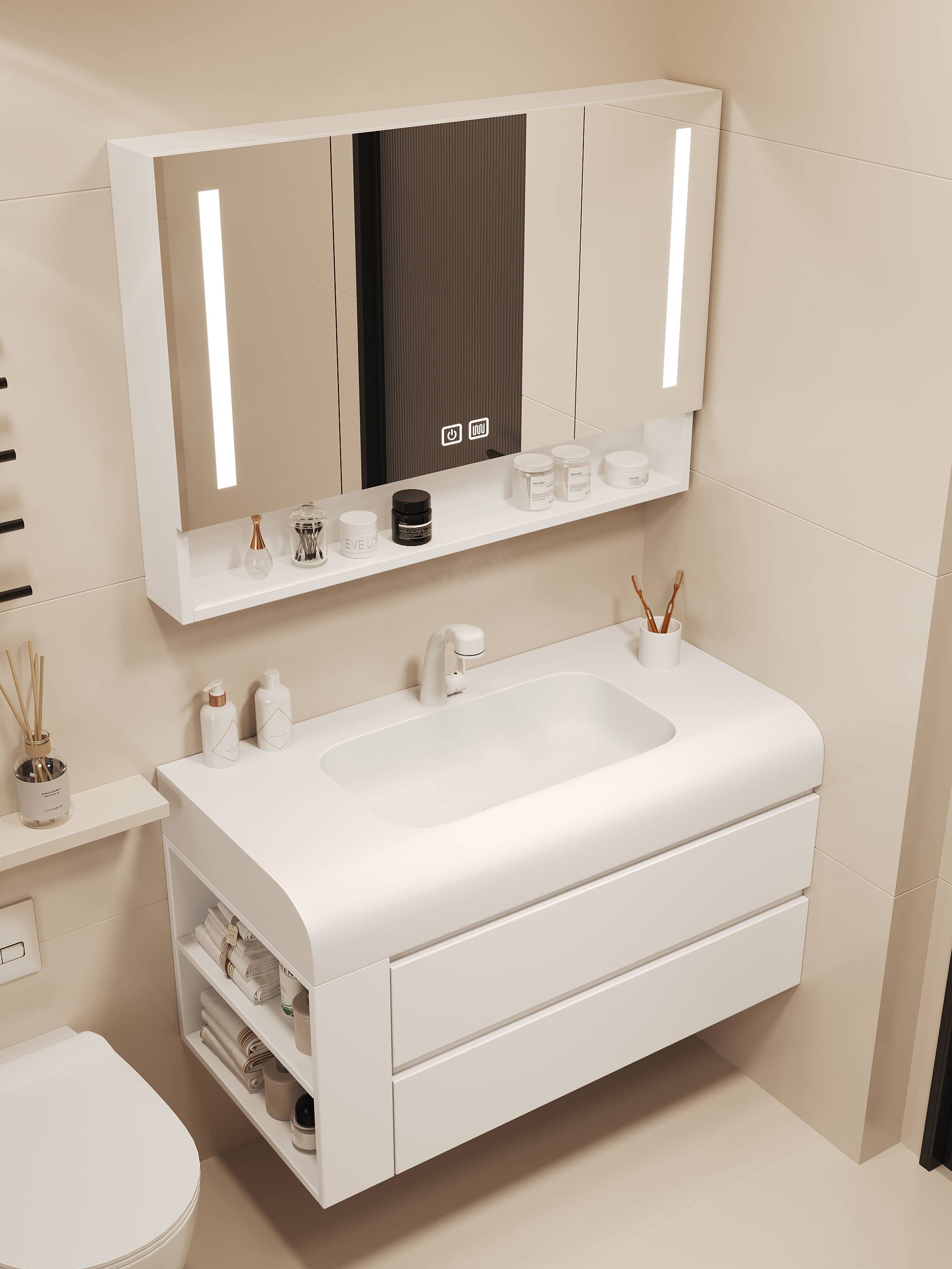 奶油风轻奢岩石陶瓷一体盆浴室柜组合简约现代卫生间储物格洗漱台