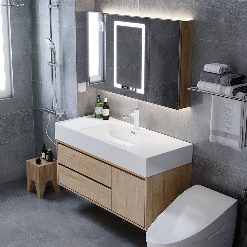 原木色浴室柜组合洗手套装卫生间洗脸洗漱台岩板一体盆日式卫浴柜
