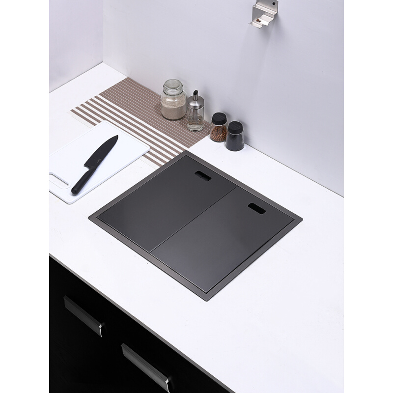 手工不锈钢水槽单槽隐形式创意黑色开放厨房洗菜盆中岛吧台盖板池