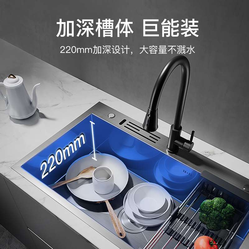 304不锈钢加厚厨房水槽单槽家用洗菜盆大单盆纳米手工双槽洗碗槽
