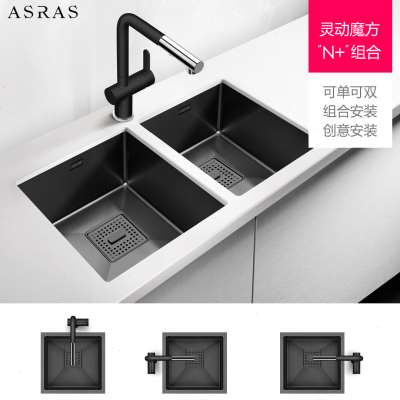 阿萨斯黑色纳米304不锈钢手工水槽套餐吧台厨房小单槽台下洗菜盆