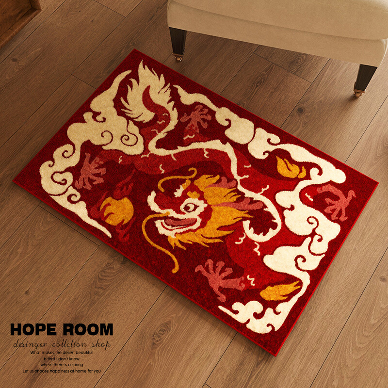 新中式龙年入户进门脚毯家用仿羊绒卧室床边毯喜庆红色龙年地垫