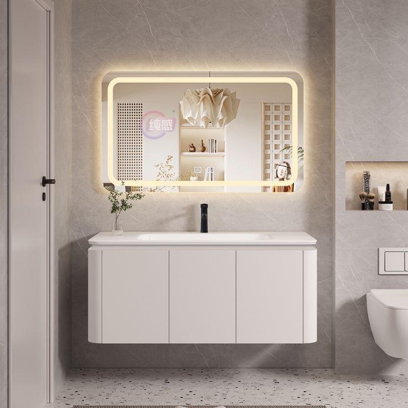 新日式奶油风太空铝圆角浴室柜陶瓷一体洗手盆柜组合洗漱台洗脸池
