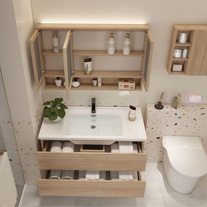 日式网红卫生间半墙浴室柜镜柜陶瓷一体盆洗手洗漱台洗脸盆柜组合