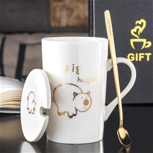 布丁瓷艺 创意生肖陶瓷杯子带盖勺水杯卡通马克杯个性咖啡杯礼盒