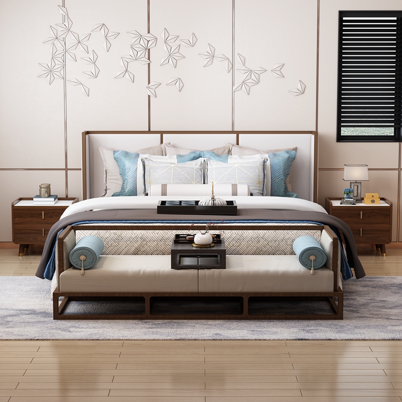 新中式实木轻奢床头柜简约现代卧室岩板床边柜黑胡桃储物柜子北欧