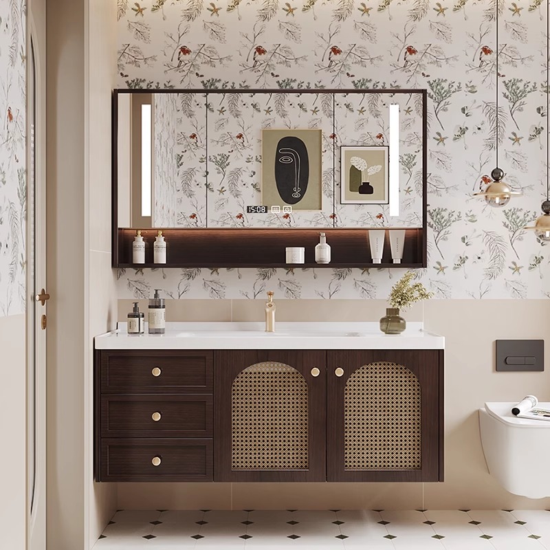 新中式浴室柜组合藤编实木陶瓷一体盆卫生间洗脸盆柜卫浴柜组合