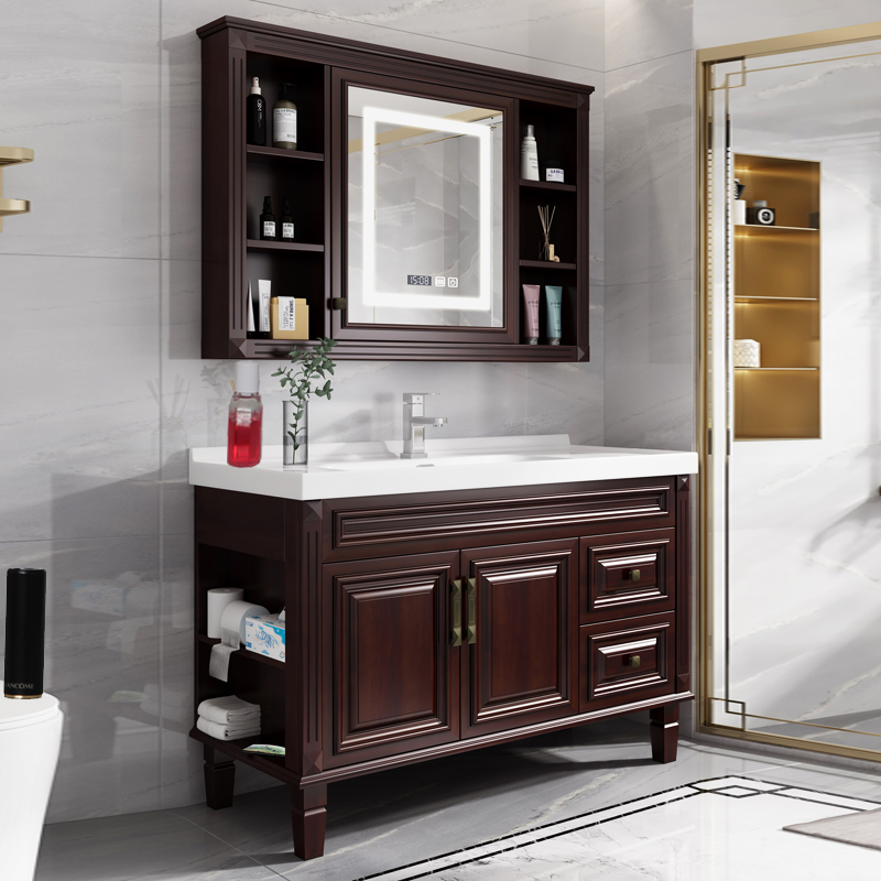 新中式浴室柜落地柜组合实木橡木洗手池洗漱台洗脸盆柜组合卫浴柜